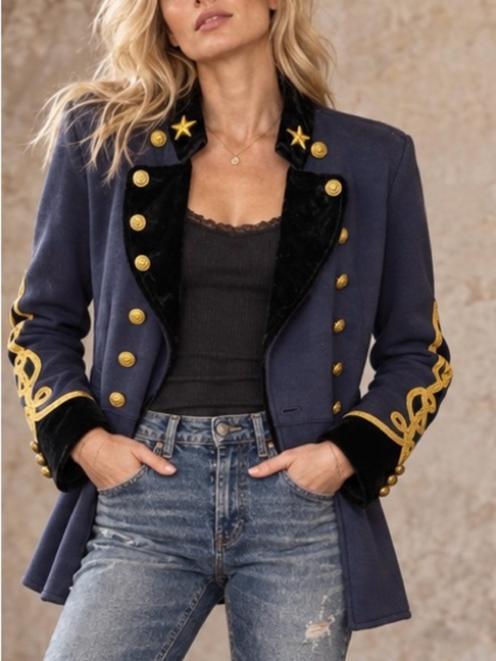 Denim & Supply Ralph Lauren Navy Military-Style Blazer with Gold Trim